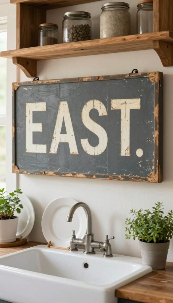 Vintage 'EAT' sign with distressed paint above a farmhouse sink, with a shelf of white plates and a plant.