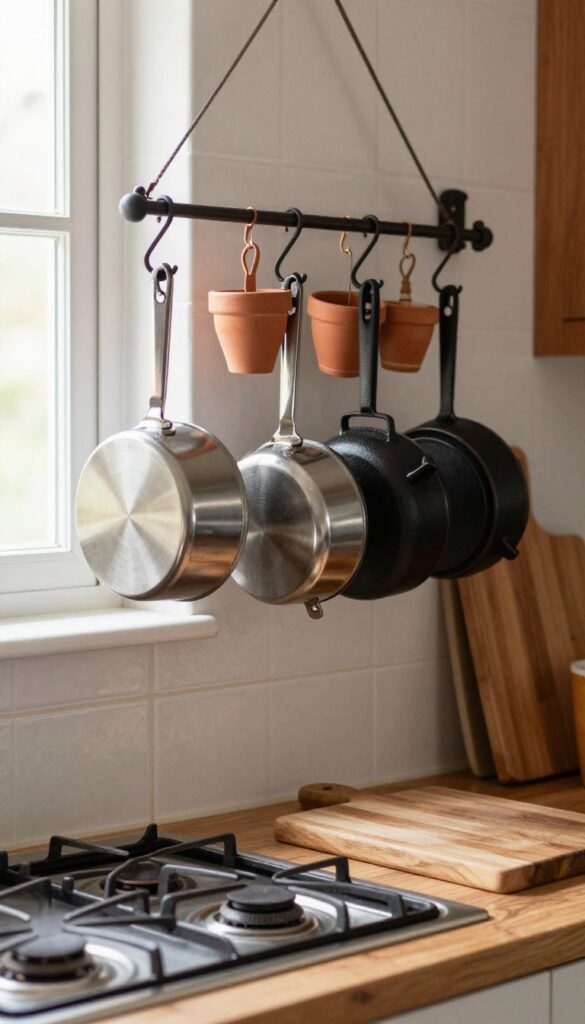 Hanging pot rack over stove in small Indian kitchen with pots, pans, and herb pots