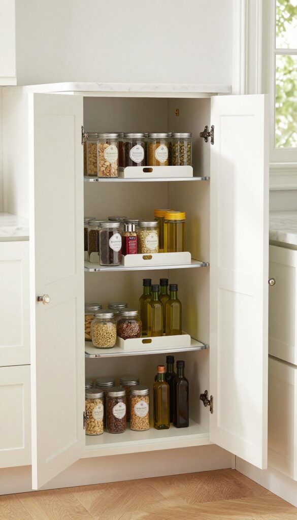 Open corner cabinet with a chrome lazy Susan carousel holding spices and condiments in a bright, organized kitchen