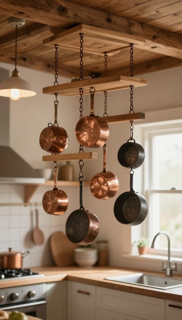 Small kitchen with a wooden ceiling pot rack holding copper and cast iron cookware, illuminated by a pendant light.