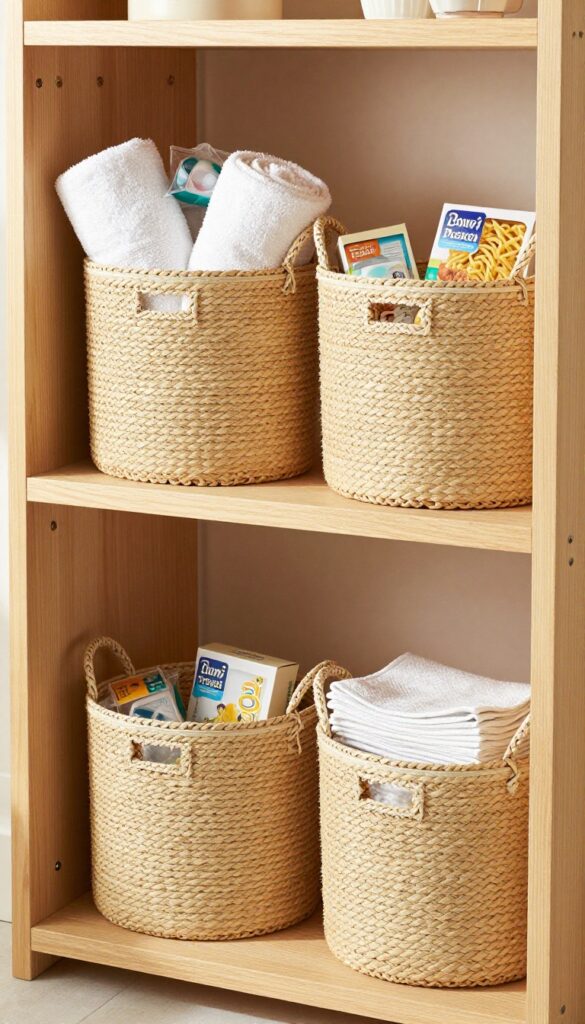 Open shelving with matching seagrass baskets storing laundry and pantry items in a bright kitchen-laundry corner