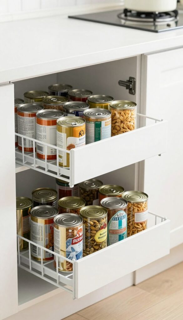 Pull-out pantry shelves in a deep kitchen cabinet with organized canned goods and dry goods.