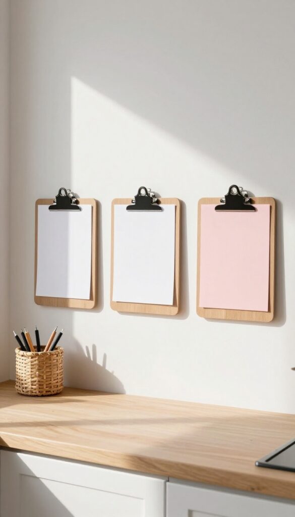 Three clipboards in wood, black, and pink mounted on a white kitchen wall, holding papers, with a basket of pens below.