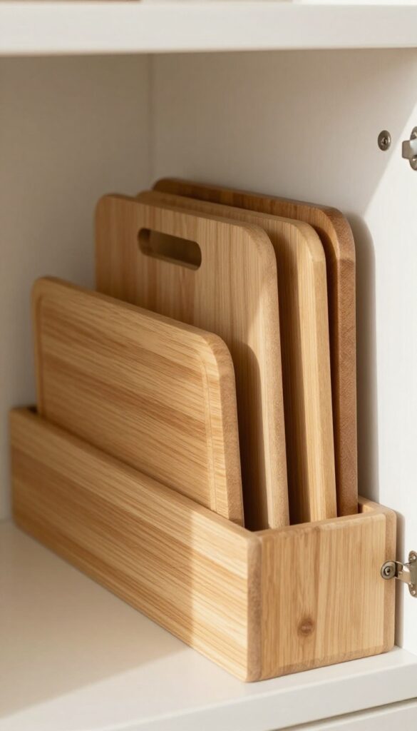 Vertical storage for cutting boards and trays in a kitchen cabinet