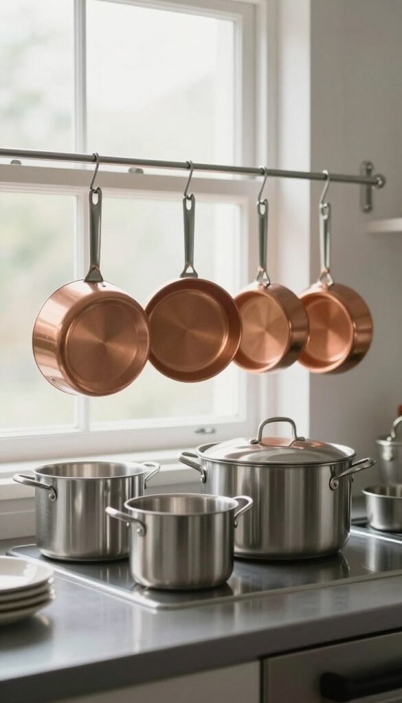 A kitchen island with a hanging pot rack displaying copper and stainless steel pots and pans in an organized arrangement.