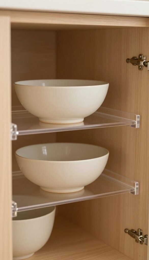 Clear acrylic risers in a kitchen cabinet holding two tiers of cream and beige ceramic bowls, warm natural lighting, clean and organized.