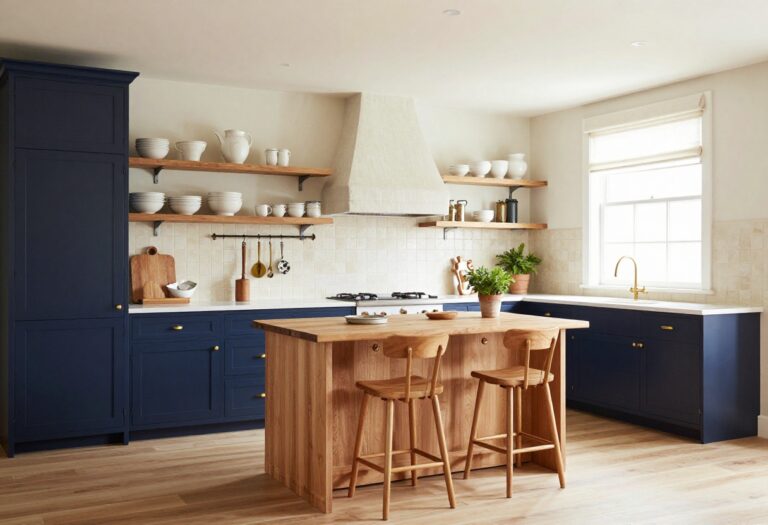 Elegant kitchen with navy blue cabinets, brass hardware, butcher block island, and warm natural light