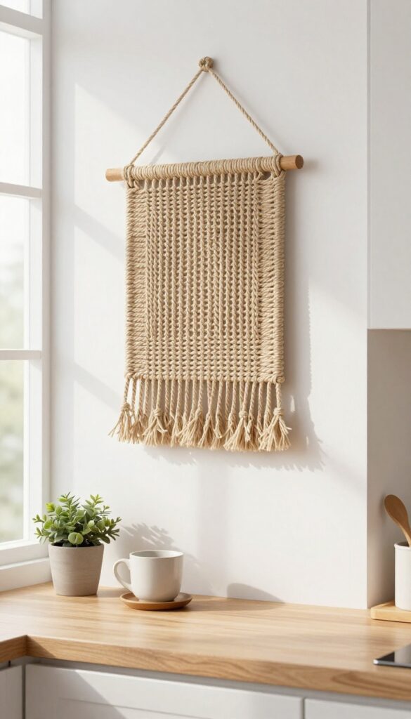 A woven wall hanging made of natural fibers hangs on a kitchen wall above a coffee station, with soft natural light and a neutral, airy palette.