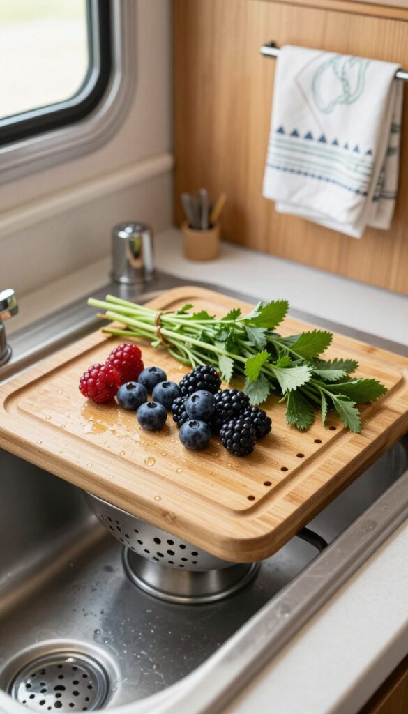 Bamboo over-the-sink cutting board with colander in a compact RV kitchen, holding fresh berries and herbs.