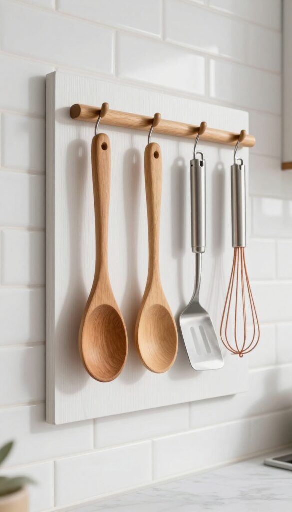 DIY wooden spoon rack display on kitchen wall with white oak board, cup hooks, wooden spoons, stainless steel spatula, copper whisk, white subway tile backsplash, natural light, airy and handmade feel