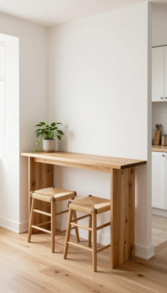 Slim console table breakfast bar in a bright kitchen with stools and a plant