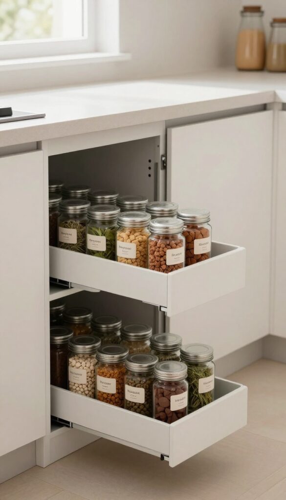 A pull-out pantry with labeled glass spice jars organized alphabetically and by cuisine, bathed in natural light in a modern kitchen.