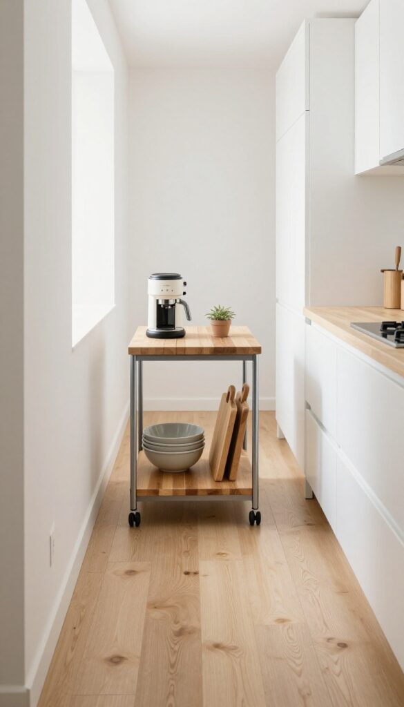 Slim rolling cart with butcher-block top serving as a movable island in a narrow hallway kitchen, with coffee station and storage underneath.