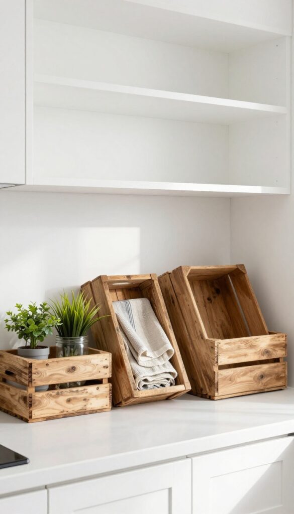 Open wooden crates leaning on top of upper kitchen cabinets, filled with plants and linens, farmhouse style
