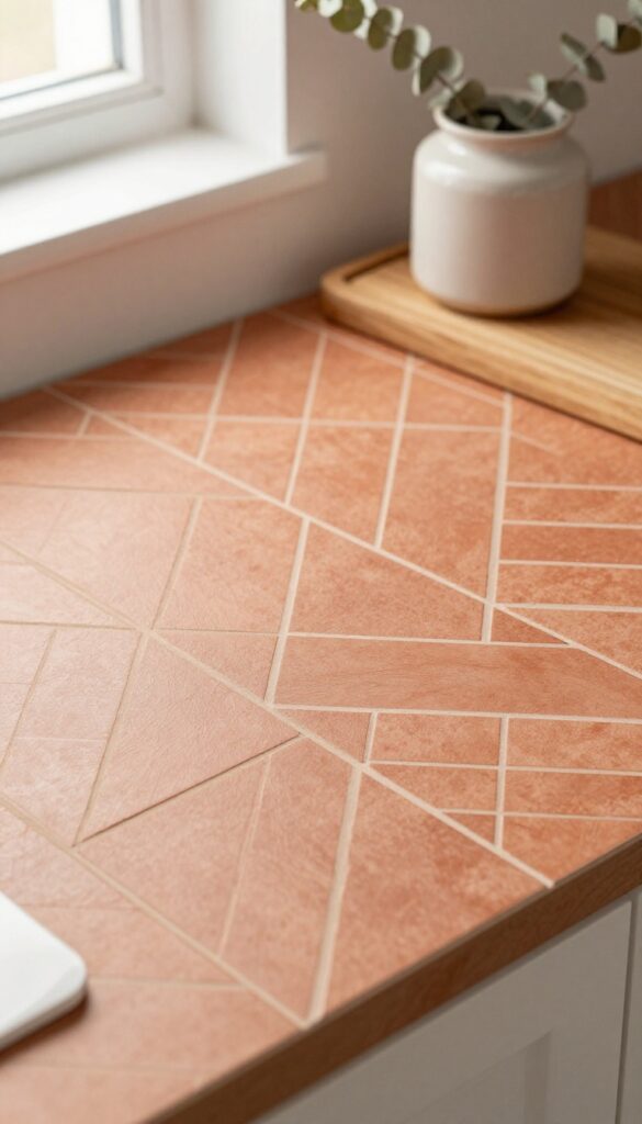 Close-up of warm terracotta herringbone peel-and-stick backsplash in a small kitchen with natural light and simple decor.