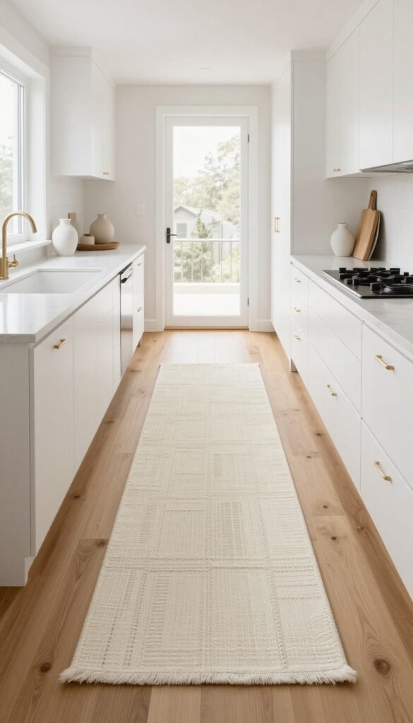 Long narrow kitchen with a cream runner rug anchoring the walkway, light wood floors, white cabinets, and natural light.