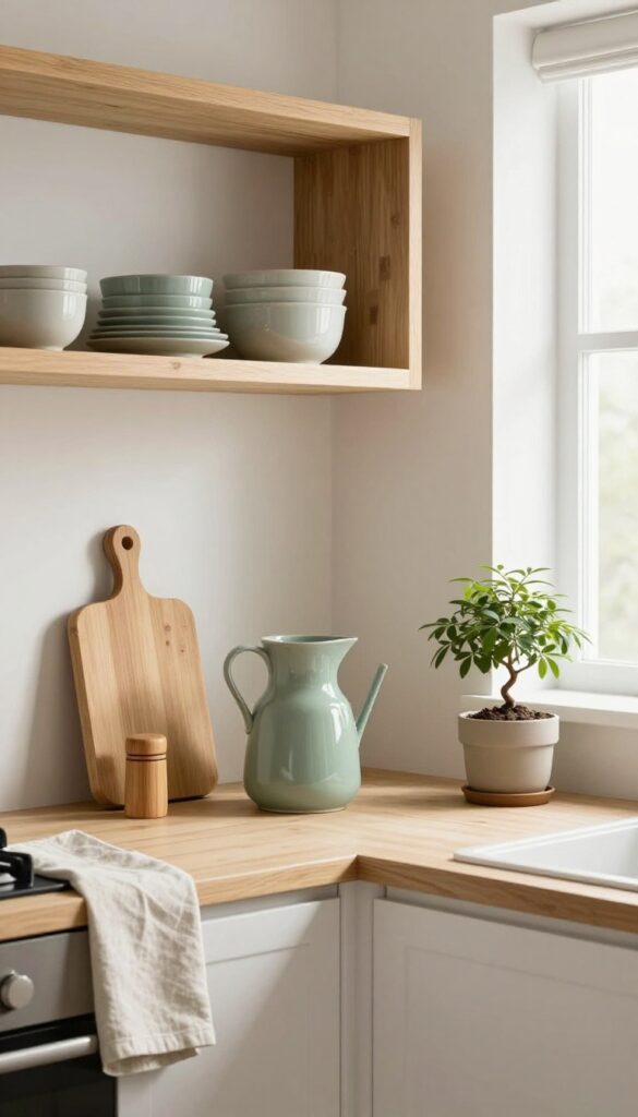 Japandi style kitchen with light wood shelves, bamboo accessories, sage green accents, and a bonsai tree in natural light.