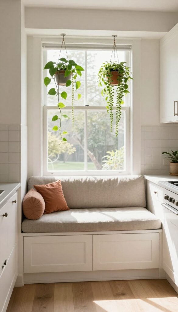 Cozy kitchen window seat with hanging trailing plants above, soft cushion, and warm natural light.