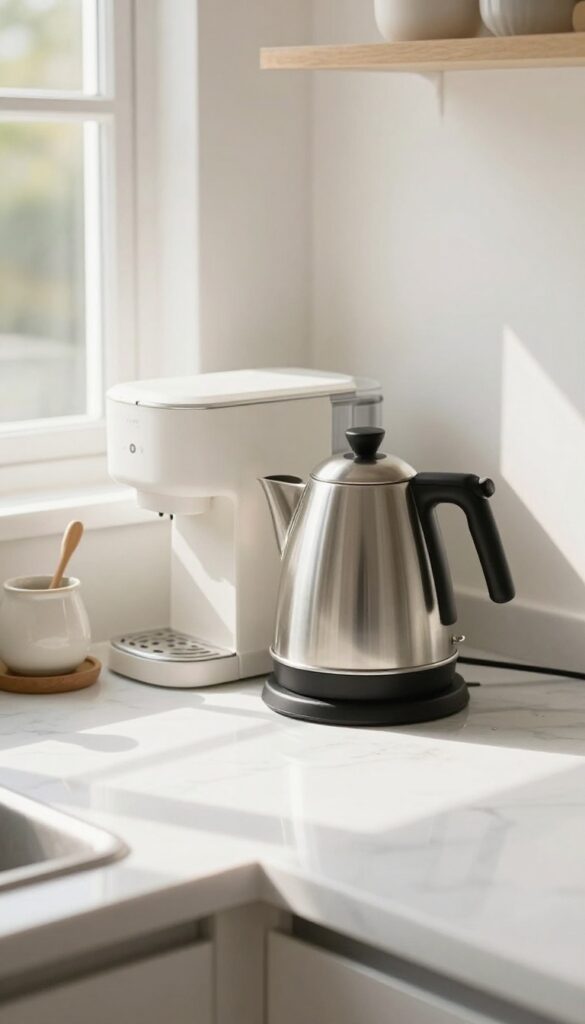 A kettle and coffee maker grouped together on a marble slab on a clean kitchen countertop, creating a dedicated hot-drink zone.
