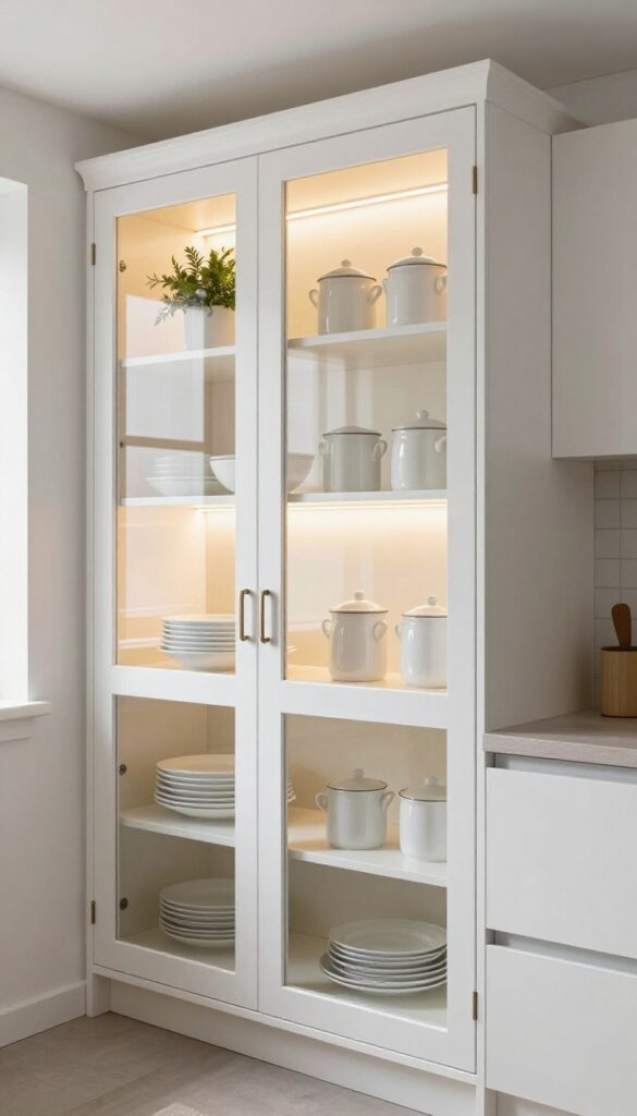 Modern kitchen with glass-front cabinets displaying organized white dishware and a plant, illuminated by warm interior lighting.