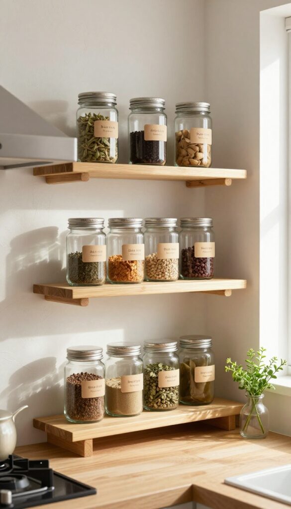 Narrow kitchen niche with tiered bamboo shelves holding clear glass spice jars, natural light, organized and stylish