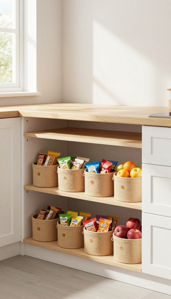 Low open shelves in a kitchen with baskets of snacks at child height, toddler reaching for a snack.