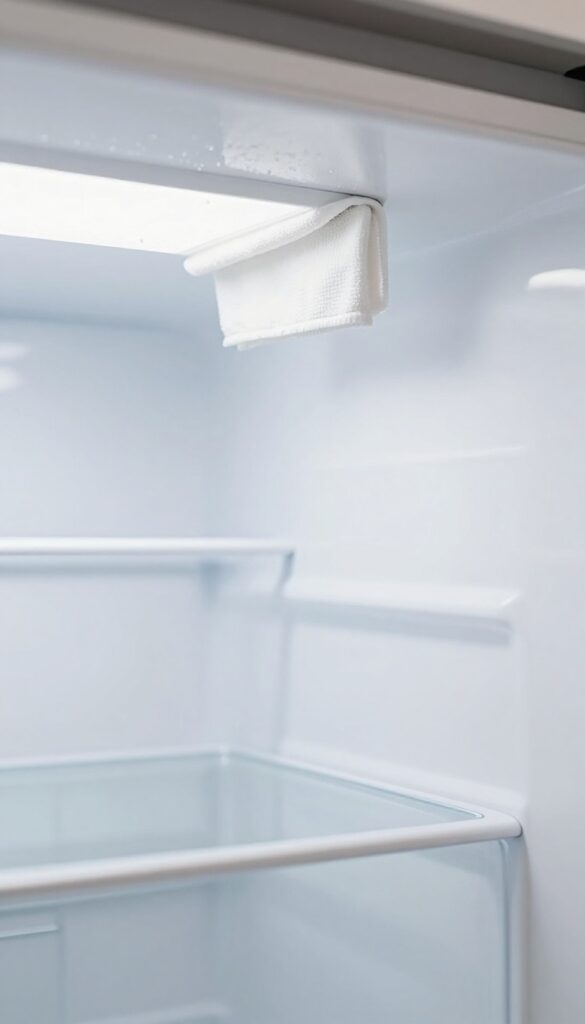 Person wiping the interior ceiling of a clean refrigerator with a microfiber cloth