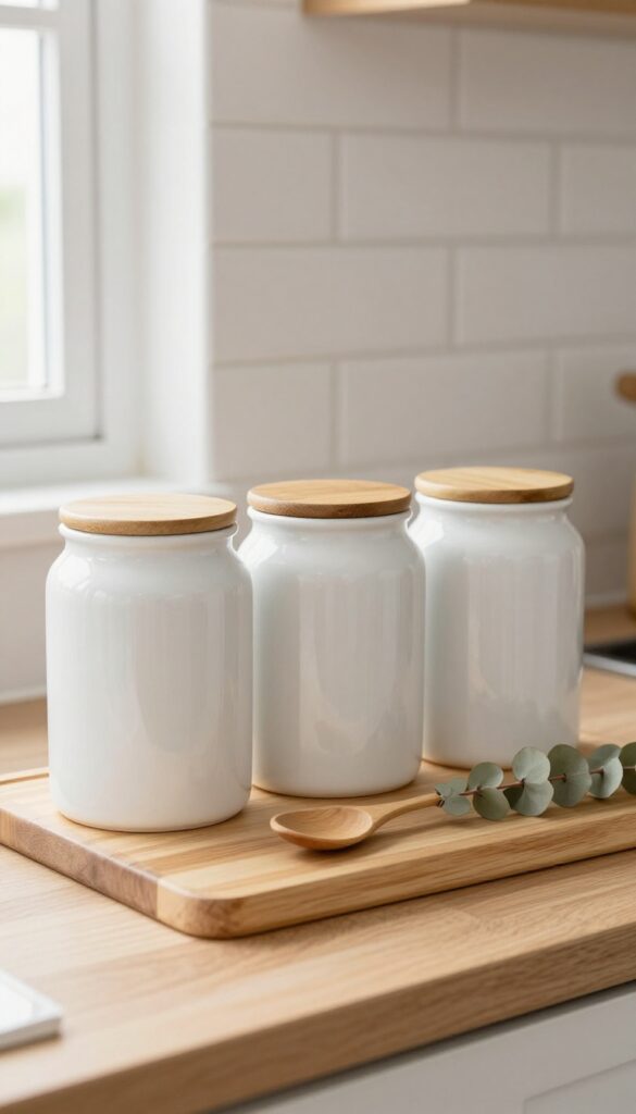 Ceramic canisters on a wooden board on a kitchen shelf with eucalyptus sprig