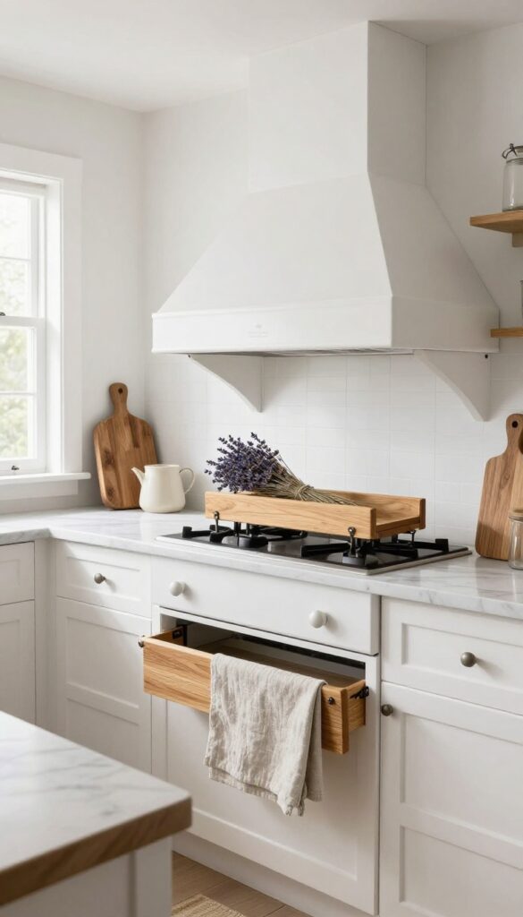 Farmhouse kitchen hood with fold-down drying rack holding herbs and towel