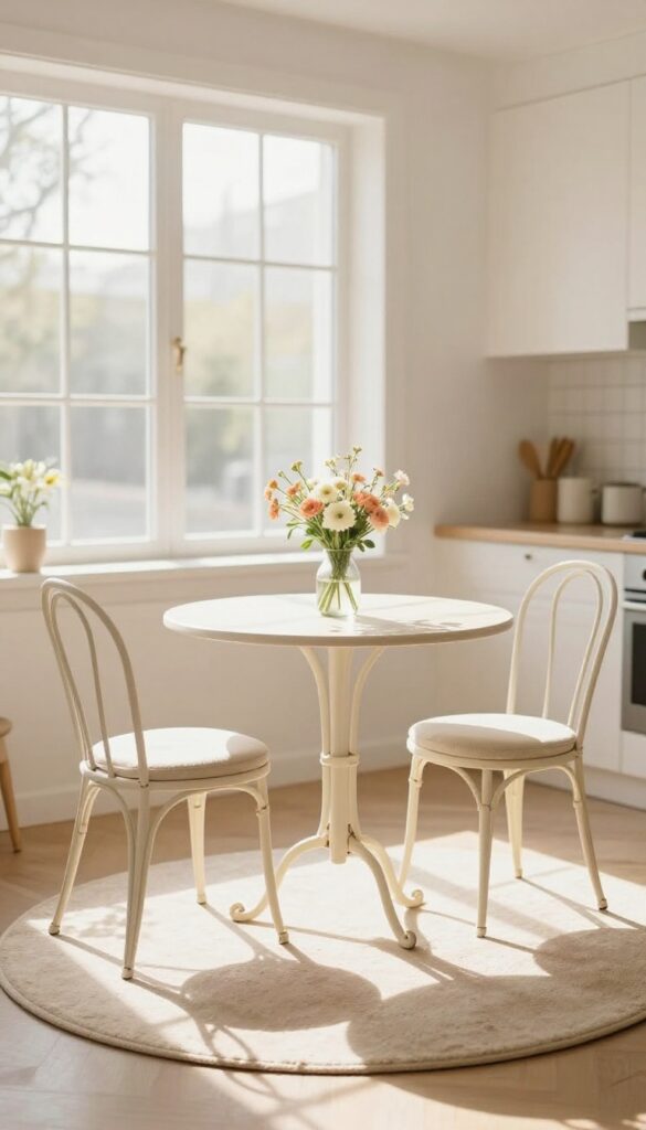 Small bistro table and chairs in a sunny kitchen corner with flowers and cushions