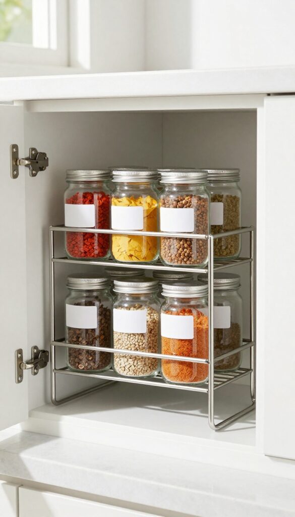 Inside of a kitchen cabinet door with a mounted stainless steel spice rack holding clear jars of colorful spices, clean and organized.
