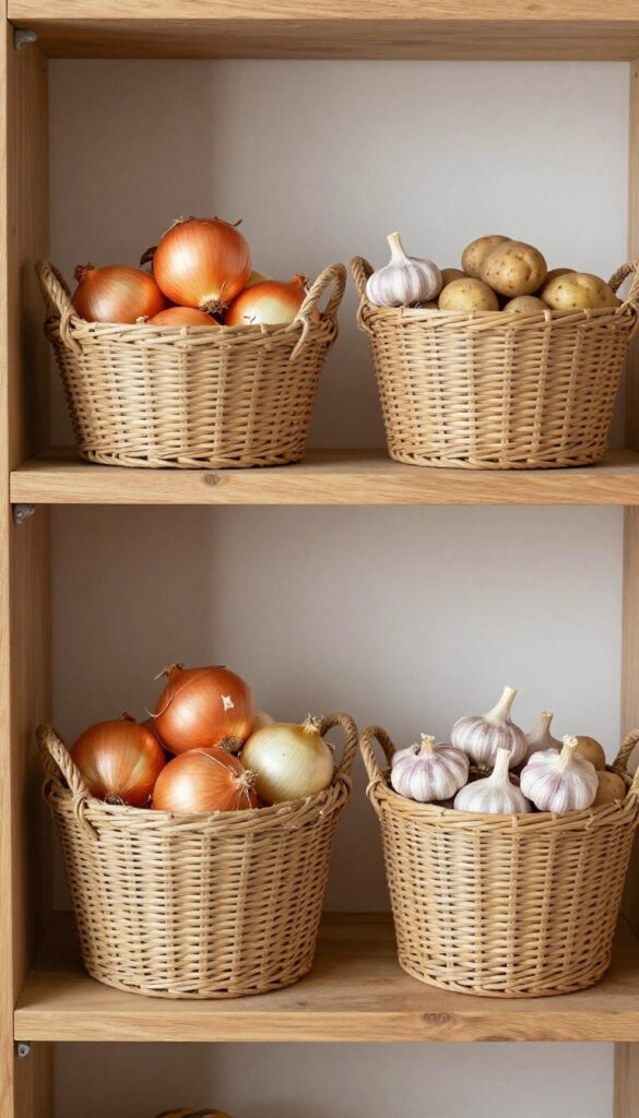 Three woven baskets on a pantry shelf filled with onions, potatoes, and garlic in natural light.