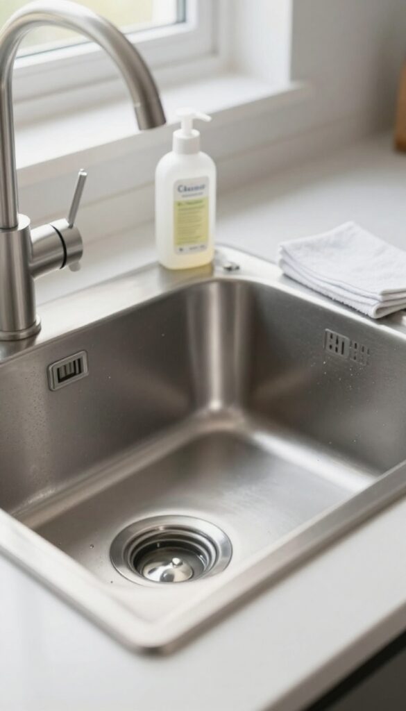 A clean stainless steel sink with a microfiber cloth and baby oil, ready for a weekly polish.