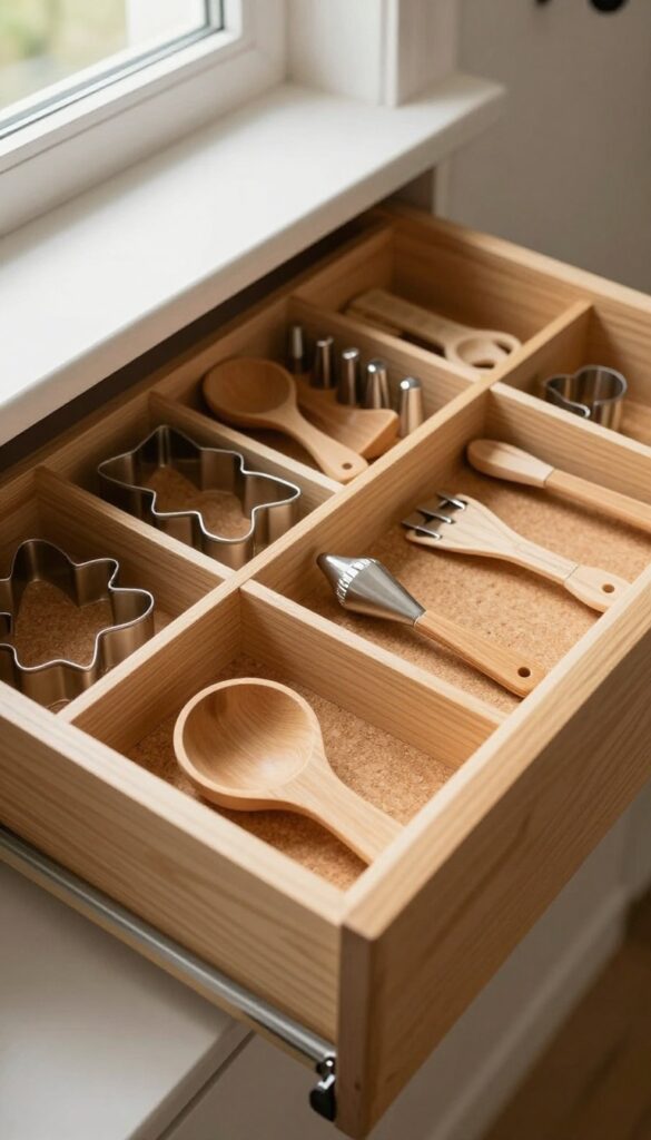 Organized baking tools in a divided drawer with wooden dividers