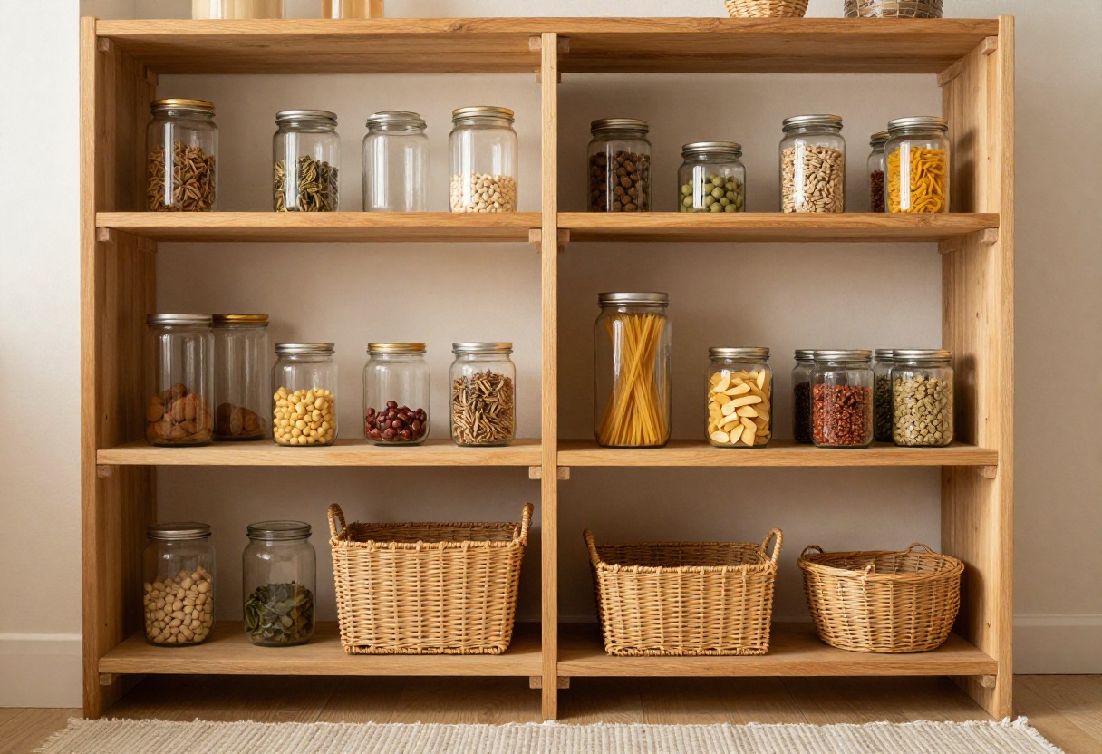 A warm, organized small pantry with wooden shelves, glass jars, and woven baskets.