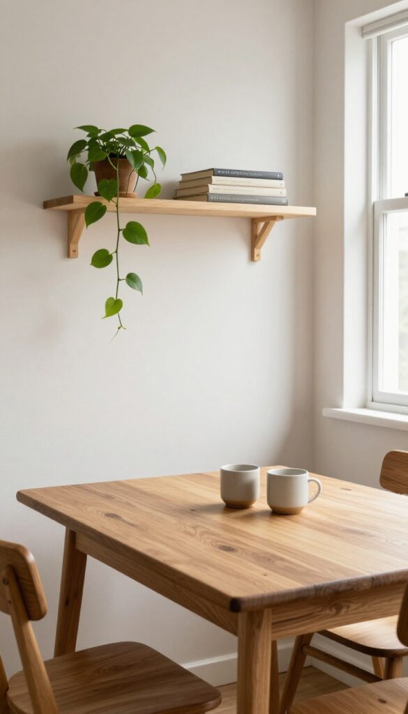 Fold-down kitchen table with open shelving styled with cookbooks, plant, and mugs in a narrow sunlit kitchen