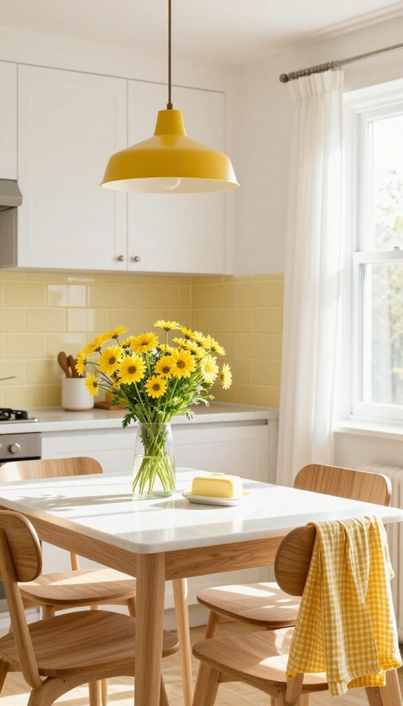 Light and airy kitchen with buttercup yellow accents, bistro table near window, fresh daisies, and white cabinetry.