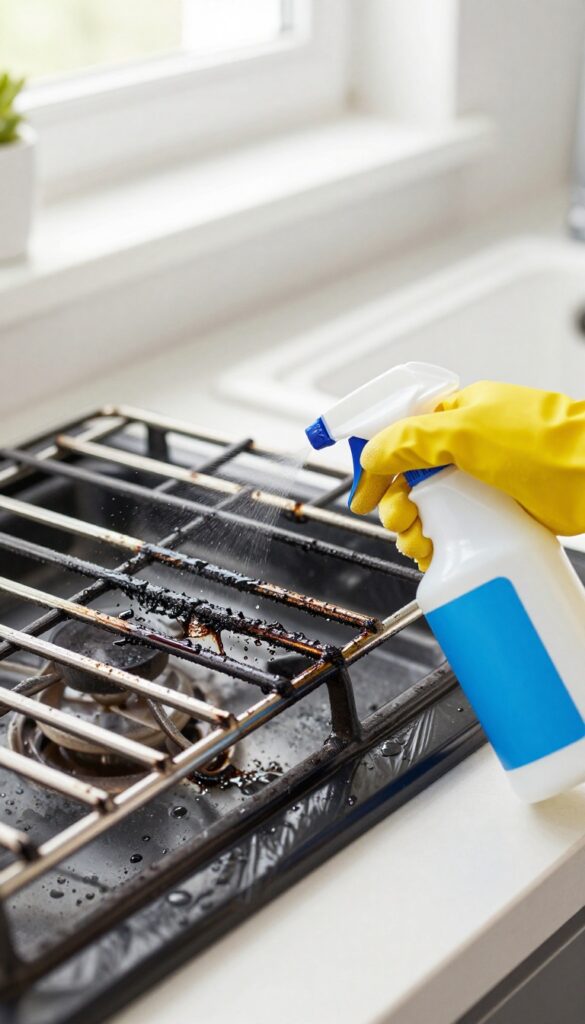 Hand spraying commercial degreaser on a greasy stove grate