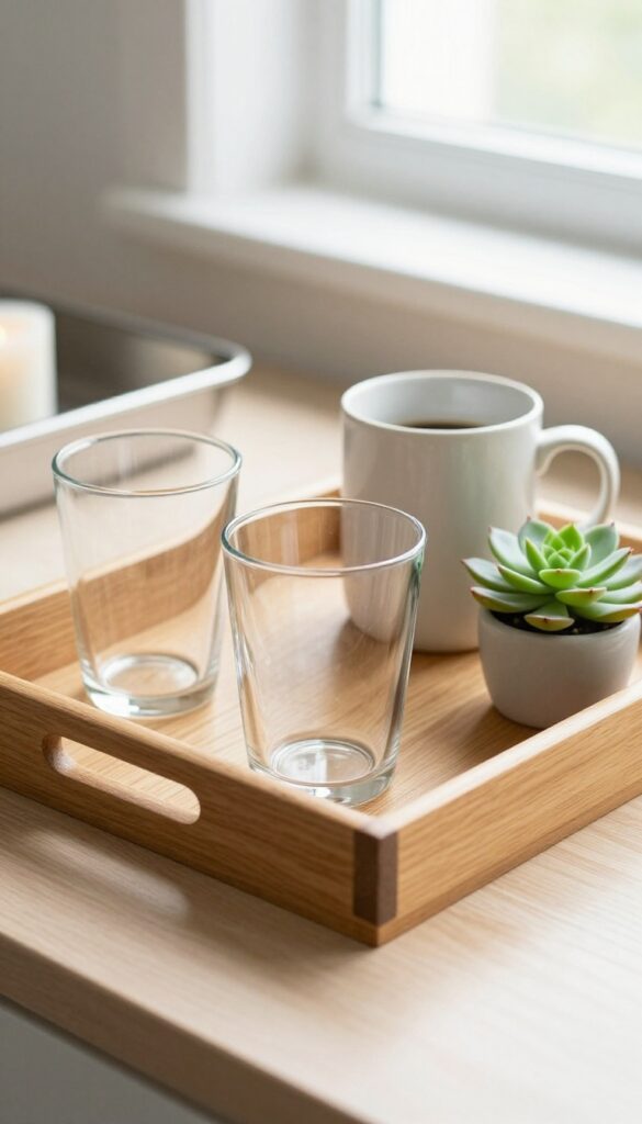 A small wooden tray on a kitchen table holding everyday glassware, a mug, a succulent, and a candle, with natural light.