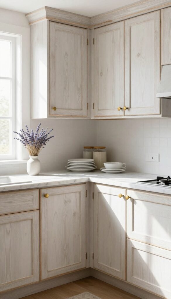 Distressed white-washed oak cabinet doors with brass cup pulls in a bright kitchen