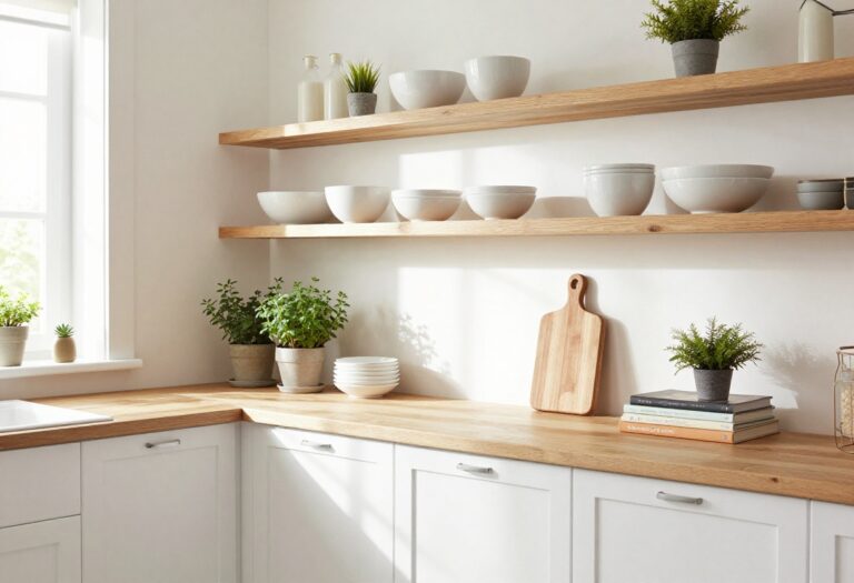 Cozy kitchen with open wooden shelves styled with white ceramics, a plant, and cookbooks.