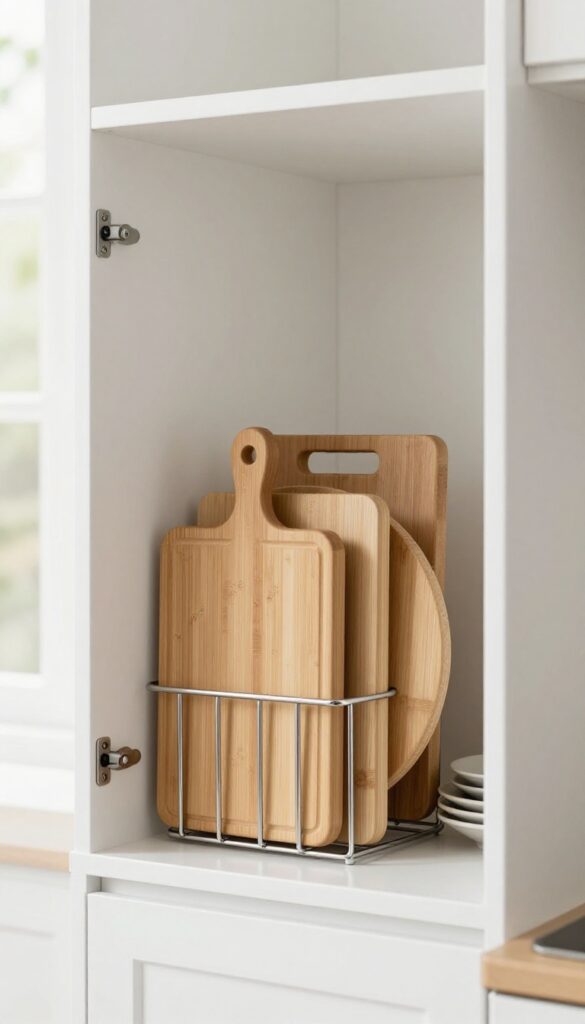 Inside kitchen cabinet door with a mounted rack holding wooden cutting boards vertically, showcasing hidden storage solution.