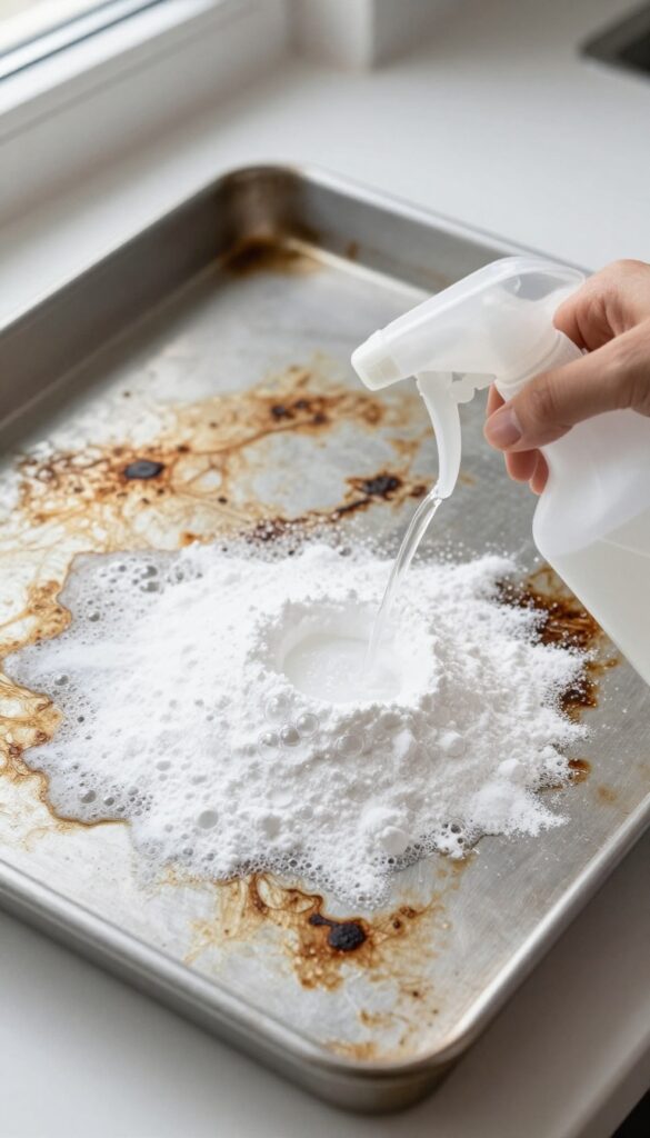 Baking sheet with baking soda and vinegar fizzing to remove burnt stains