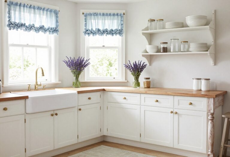 Light and airy shabby chic kitchen with white distressed cabinets, open shelving, farmhouse sink, and fresh lavender on the counter.