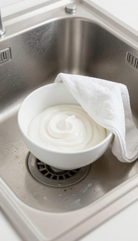 Close-up of stainless steel sink with bowl of cream of tartar paste and cloth, bright natural light