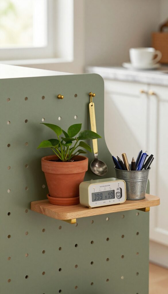 Sage green pegboard with custom accessories including a small shelf with a trailing plant, hooks with kitchen tools, and a mini bucket for pens, mounted on a kitchen wall in warm natural light.