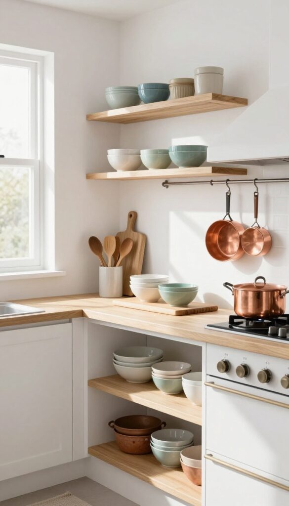Bright kitchen with open shelves displaying colorful bowls, wooden utensils in a crock, and hanging copper pots