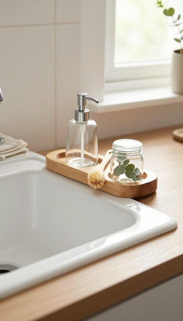 Wooden sink caddy with soap dispenser, brush, and eucalyptus on a farmhouse kitchen sink counter