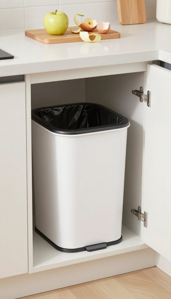 Under-sink cabinet with small trash bin for food scraps, apple peels and eggshell on counter above