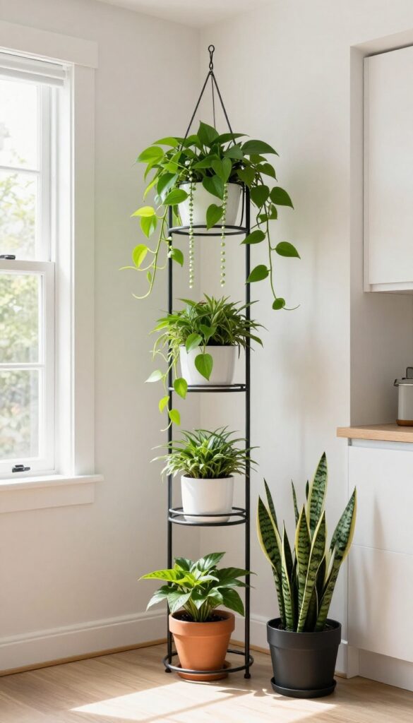 A corner plant shelf with hanging planters in a bright kitchen nook bay window, featuring trailing and upright plants in neutral pots.